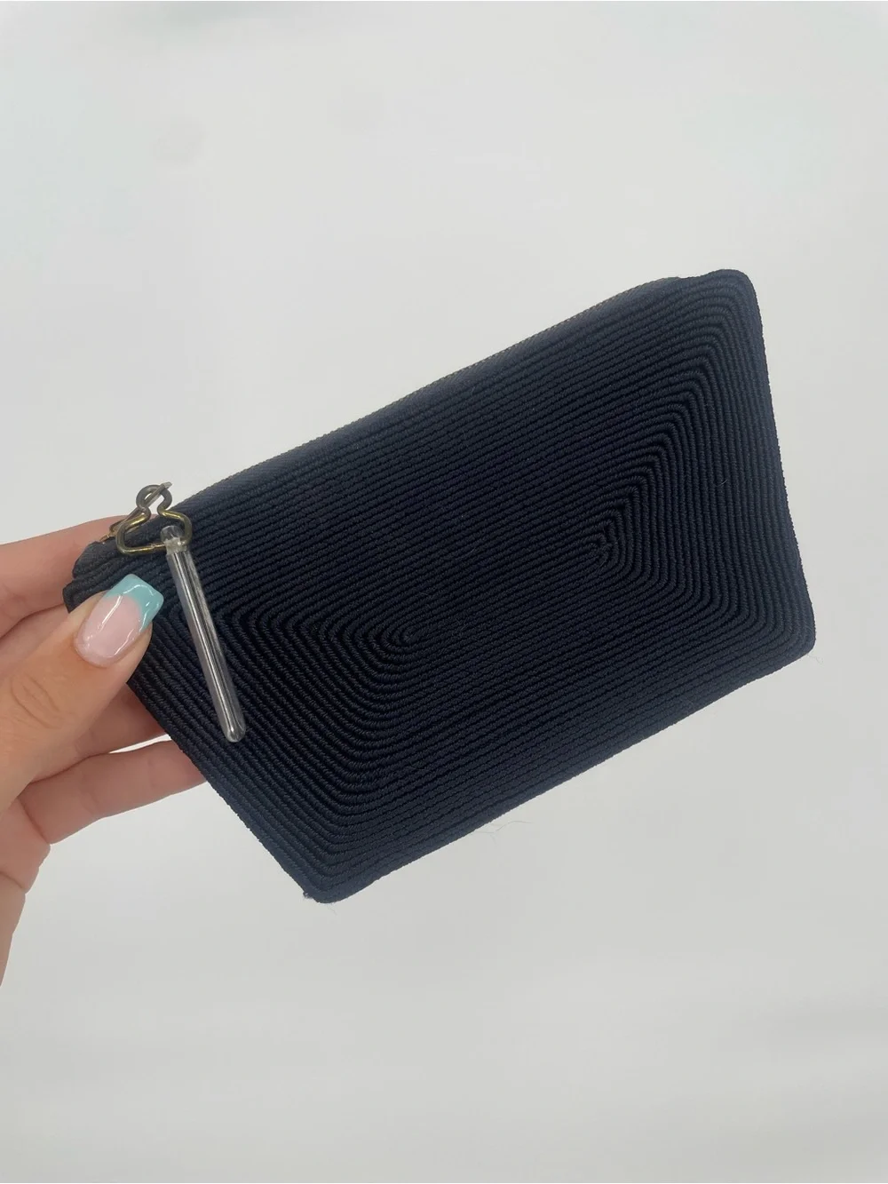Navy Blue 1940s Textured Small Zip Pouch Clear Lucite Charm Metal Zip Clutch